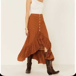 Shyanne Prairie Ruffle High Low Maxi Skirt Western Boho Button Front Brown Small